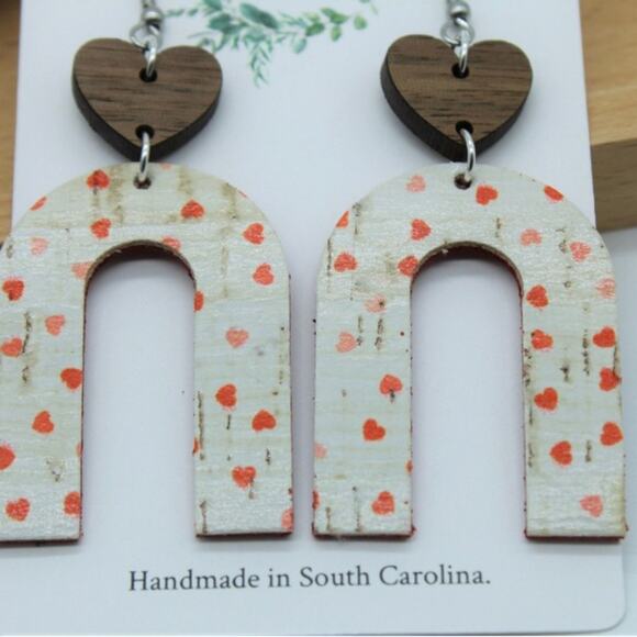 5/$25 Handmade Cork on Leather and Wood Heart Arch Lightweight Earrings - Picture 2 of 3